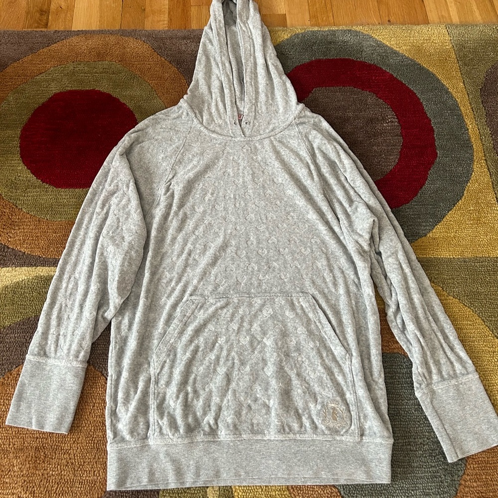 Juicy Couture y2k Grey Velour Oversized Hoodie Sweatshirt Heart Print Medium